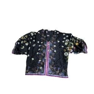 Johnny Was Silk Addy Top in black floral with tassels  on the arms xs WT41